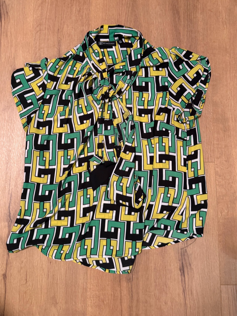 New York & Company Geometric Tie-Neck Short Sleeve Blouse - Green/Yellow/Black